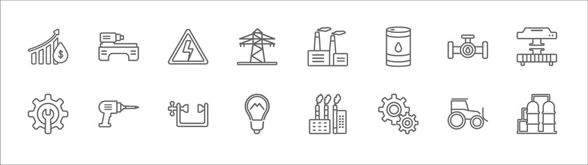 outline set of industry line icons. linear vector icons such as lathe machine, danger, factory building, petrol pipe, press machine, maintenance, industrial drill, clamp, light, gears, oil industry