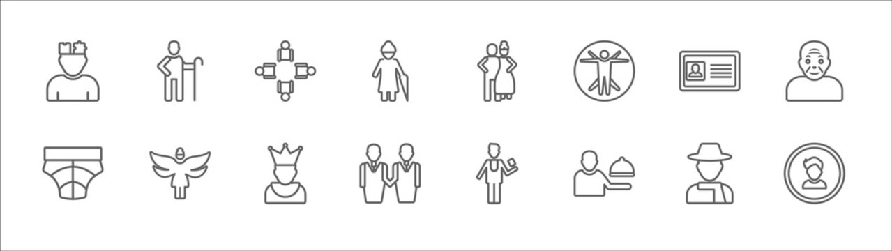 Outline Set Of People Line Icons. Linear Vector Icons Such As Shepherd, Round Table, Snuggle, Identification Ard, Old Man, Baby Diaper, Grace, Empress, Business Partnership, Serve, Small Boy