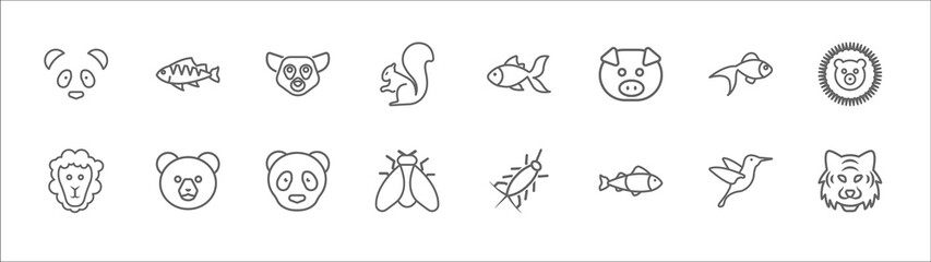outline set of animals line icons. linear vector icons such as perch, lemur, goldfish, gold fish, hedgehog, male sheep, bear, panda bear, fly, clown fish, tiger © Digital Bazaar