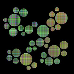 An assortment of large, medium and small circles, with green, blue and red plaid-textured fill, on a black background. "Scottish champagne bubbles"