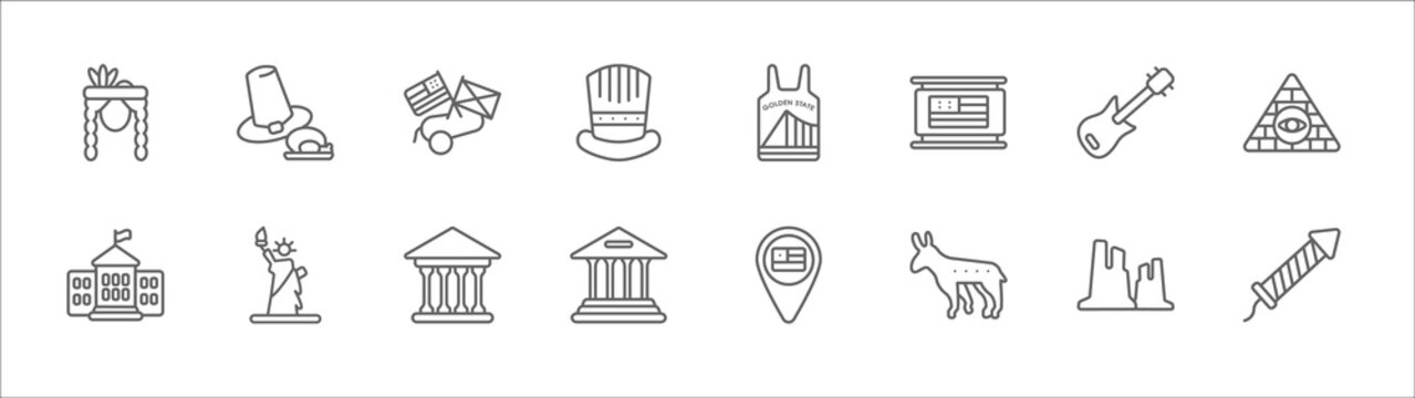 outline set of united states line icons. linear vector icons such as thanksgiving day, american civil war, golden state, electric guitar, pyramid, white house, statue of liberty, government,