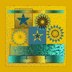 Multiple geometric stars in blue, blue-green and gold, on a gold background