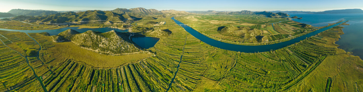 Panoramic aerial view of the Neretva delta valley river near Ploce, South Dalmatia, Croatia.