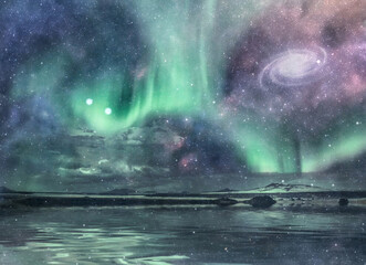 Fototapeta na wymiar Spectacular shore and nebula. 3d rendering