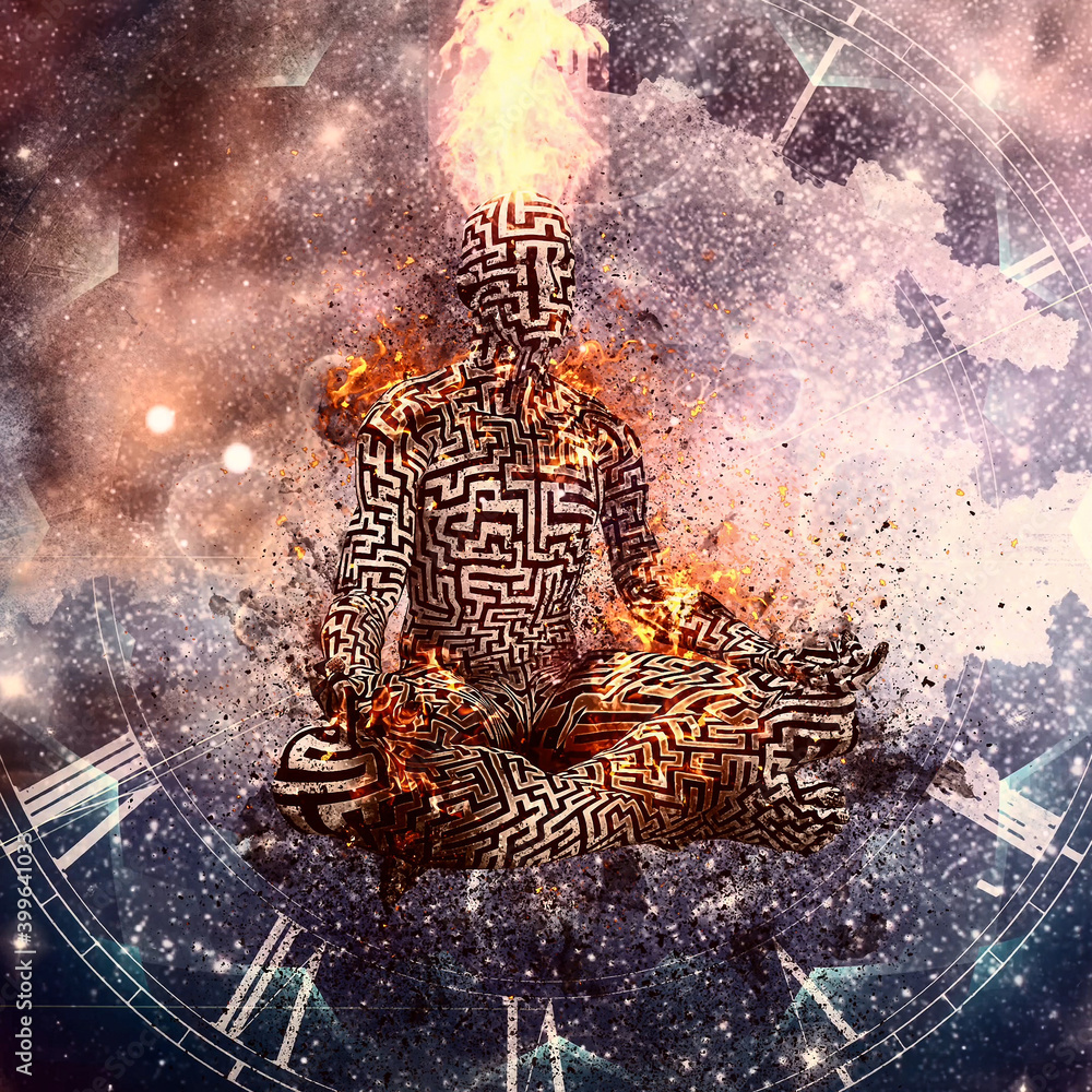 Poster flaming meditation. man in lotus pose. 3d rendering
