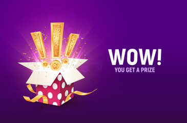 Win prize vector illustration. Winning gift lottery opened textured box with exclamation signs explosion inside on a purple background.