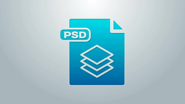 Blue line PSD file document. Download psd button icon isolated on grey background. PSD file symbol. 4K Video motion graphic animation