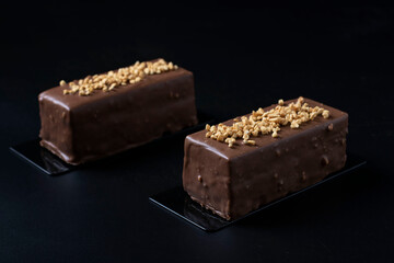 Two mousse desserts with hazelnut praline, milk chocolate and covered gourmet chocolate-nut glaze...