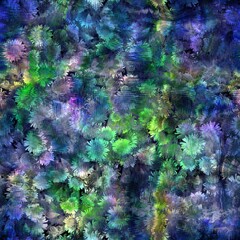 Seamless abstract color blobs with floral flower pattern overlay. High quality illustration. Painterly dye-like blue purple and green bleed watery background color with beautiful pattern overlay.