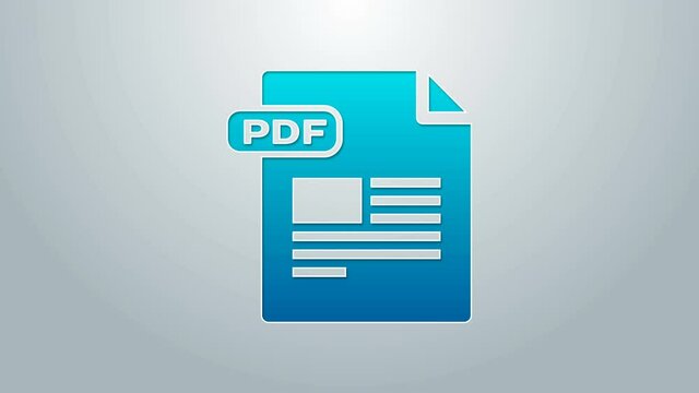 Blue line PDF file document. Download pdf button icon isolated on grey background. PDF file symbol. 4K Video motion graphic animation