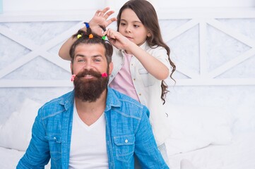 Adorable small daughter child style bearded man fathers hair, haircare