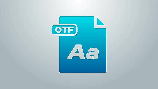 Blue line OTF file document. Download otf button icon isolated on grey background. OTF file symbol. 4K Video motion graphic animation