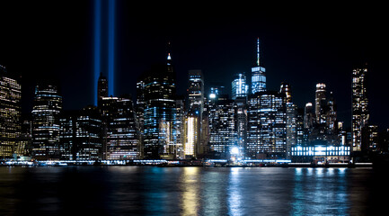 NYC skyline lit up 9/11 lights