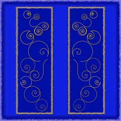 Two rectangular deep blue panels filled with gold curves, circles and spirals, on a royal blue background