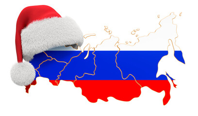 Russian map with red Santa hat. New Year and Christmas holidays concept, 3D rendering