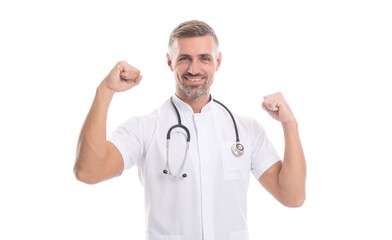 Fototapeta premium successful virus treatment. spread of covid 19. healthcare. man nurse do corona igg immunity test. confident doctor with phonendoscope isolated on white. coronavirus pneumonia pandemic. best day ever