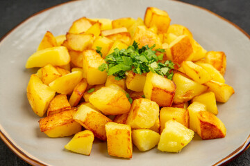 front view tasty fried potatoes inside plate with greens on dark background oil french fries food photo color dinner