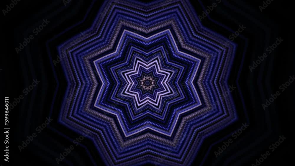 Poster abstract purple pulsating star on black background, seamless loop. animation. festive pattern with k
