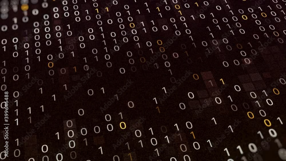 Poster abstract white and yellow binary code on black background, seamless loop. animation. futuristic cybe