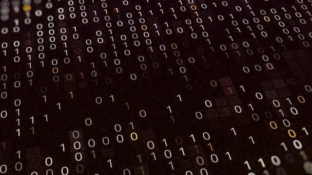 Abstract white and yellow binary code on black background, seamless loop. Animation. Futuristic cyberspace, concept of mining cryptocurrency and bitcoin btc. 