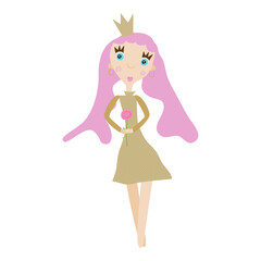Cute princess with long pink hair and crown. Hand drawn doodle style, vector illustration.