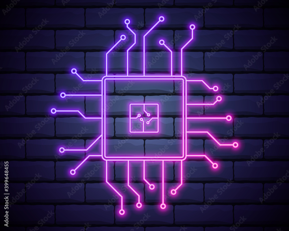 Poster microchip electronic device icon. elements of artifical in neon style icons. simple icon for website