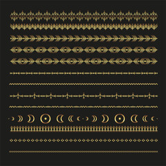 Gold Ethnic line ornaments. Tribal geometric design, aztec style, native americans texile. Vector elements for brushes, textures, patterns.