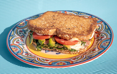 Exquisite ham sandwich with whole wheat bread, tomato, lettuce, avocado and cheese inside on a plate on a blue table.