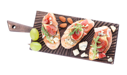 Sandwiches with ripe figs and prosciutto on white background, top view