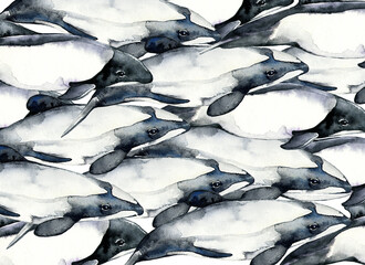 A flock of watercolor dolphins. Nice pattern. Black and white illustration. © svistoplas