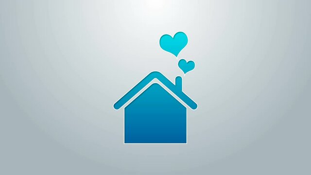 Blue line House with heart shape icon isolated on grey background. Love home symbol. Family, real estate and realty. 4K Video motion graphic animation