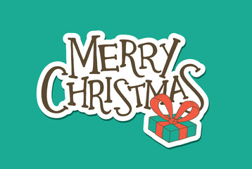 Merry Christmas Lettering with a Gift. Sticker Design - 399654894