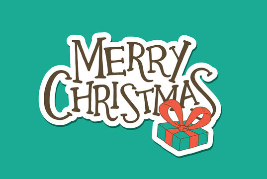 Merry Christmas Lettering with a Gift. Sticker Design