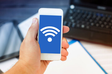 Home Wifi network. Wireless internet connection. Tablet mobile spot. Online symbol background. Wi-fi icon. Modern computer technology. Mobile device network signal. Home office background.