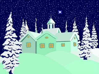 
vector illustration in the form of a New Year's card depicting a snow-covered village and firs