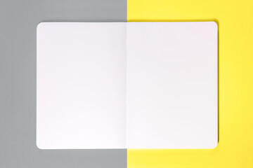 Clean open notepad or sketchbook with space for text on Illuminating Yellow and Ultimate Gray background. Demonstrating colors of the year 2021