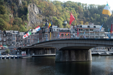 Naklejka premium Small Belgian town Dinant on Meuse river in Walloon, Belgium
