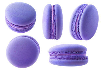 Macarons bleus isolés. Collection de macarons aux bleuets ou aux mûres sous différents angles isolés sur fond blanc