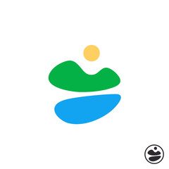 Environment sign. Travel logo. Landscape icon. Vacation Logo Design. Hill, grass, mountains, field, sea, lake, sun. Discovery world. Kids logo. Flat style. Identity design. Branding