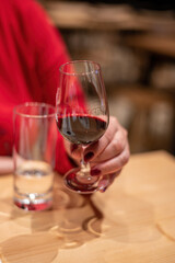 Professional tasting of different fortified dessert ruby, tawny port wines in glasses in porto cellars in Vila Nova de Gaia, Portugal
