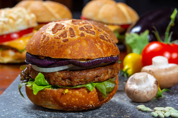 Healthy vegan or vegetarian fast food, fresh made plant based burgers with vegetables
