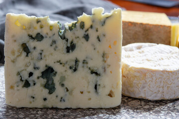 Cheese collection, French semi hard Roquefort blue cheese made from sheep milk in region Roquefort-sur-Soulzon, France