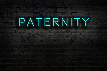 Neon sign. Word paternity against brick wall. Night view