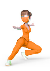 nurse cartoon doing a combat fighter pose in white background