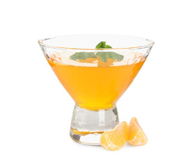 Delicious tangerine jelly with mint on white background