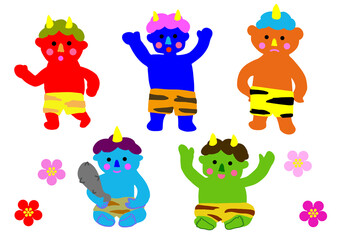 Naklejka premium 5人の鬼と梅の花