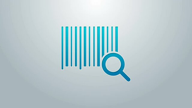 Blue line Search barcode icon isolated on grey background. Magnifying glass searching barcode. Barcode label sticker. Research barcode. 4K Video motion graphic animation
