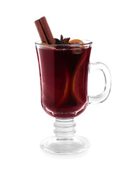 Aromatic mulled wine in glass cup isolated on white