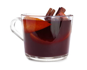 Aromatic mulled wine in glass cup isolated on white