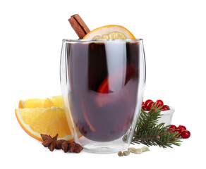 Aromatic mulled wine and ingredients on white background